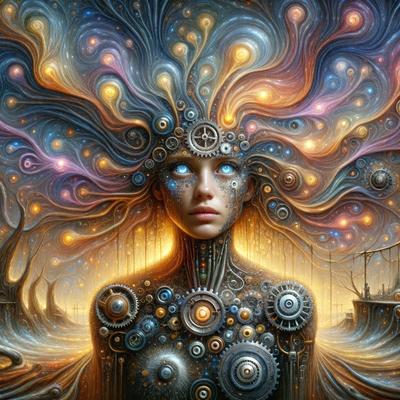 The primary subject of the image is a woman with a unique and intricate design on her head. The setting is a futuristic environment, possibly a space station or a fantasy world. The visual style is a combination of digital art and illustration, creating a surreal and captivating scene. The colors and mood of the image are predominantly dark and mysterious, with a touch of whimsy and creativity.